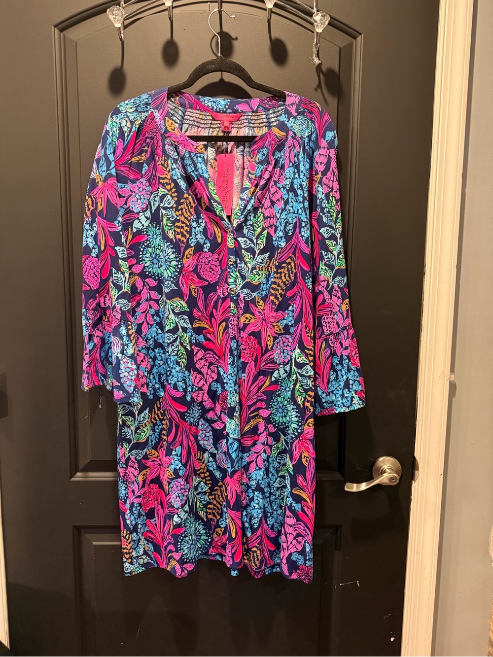 Vibrant Floral Tunic Dress in Navy, Pink & Aqua